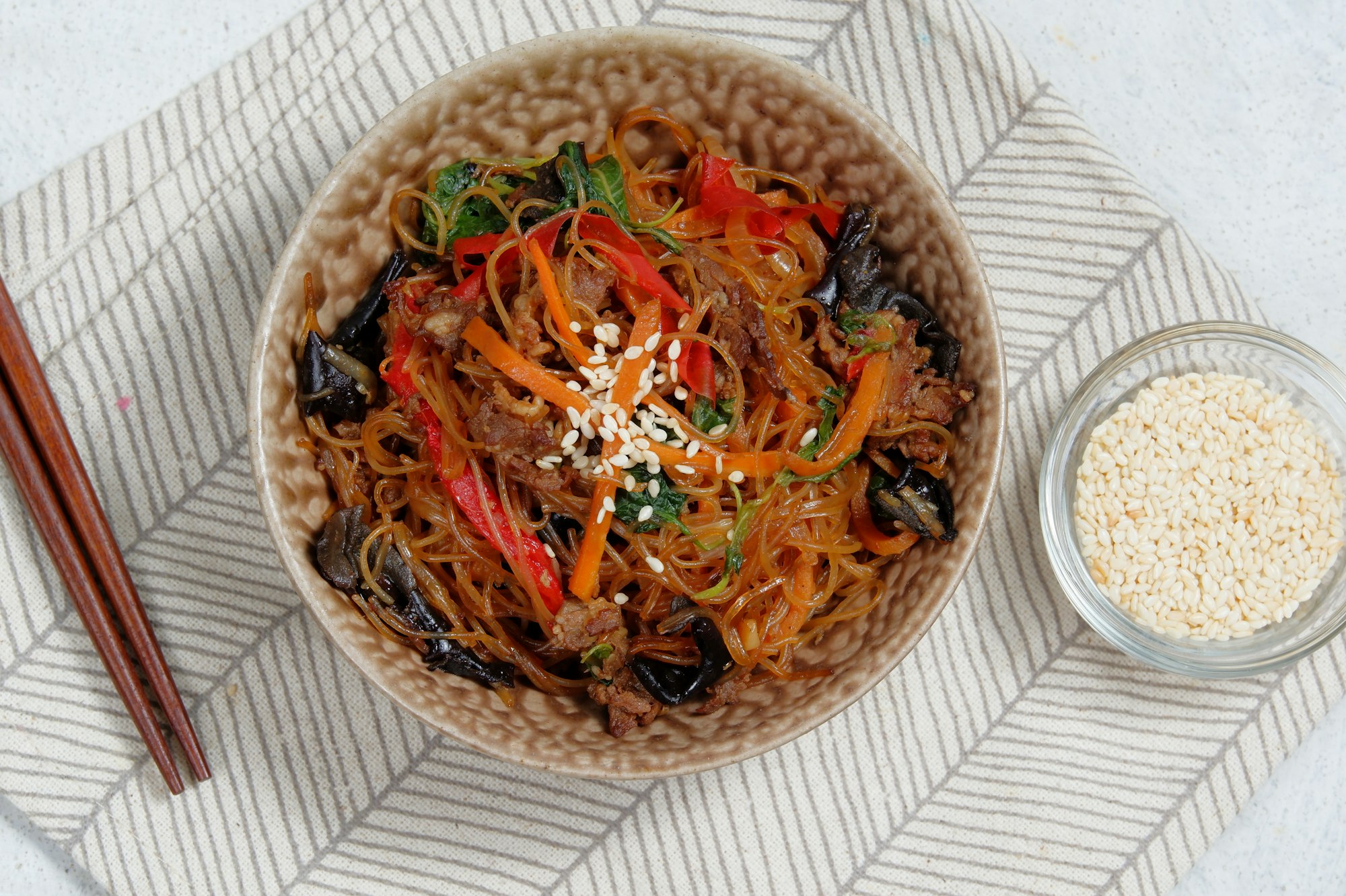 Korean authentic cuisine, Japchae or glass noodles stir fried with vegetables